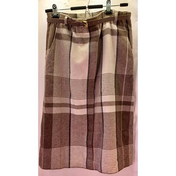 Vintage JBJ Tartan Plaid Wool Blend Skirt Size 12 Brown Cream Midi 80s 90s - Picture 3 of 10